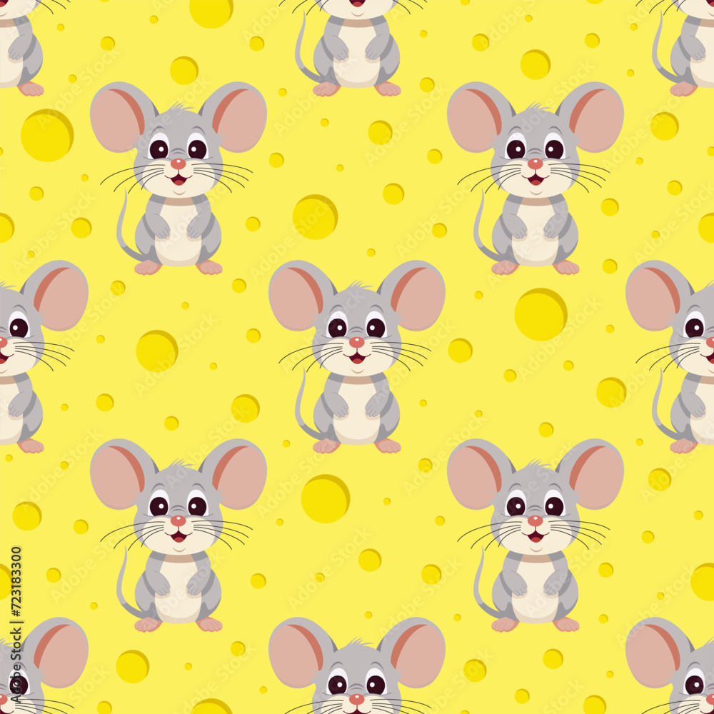 Vector seamless pattern. Cute mice on a background of cheese holes. Cartoon cute mouse. Cheerful background for fabric, children's card, banner. Vector seamless pattern. Cute mice on a background of cheese holes. Cartoon cute mouse. Cheerful background for fabric, children's card, banner.