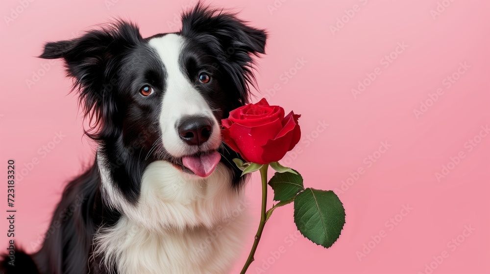 Cute Border collie dog holding a red rose flower in his mouth for Valentine's day, studio photo on pink background