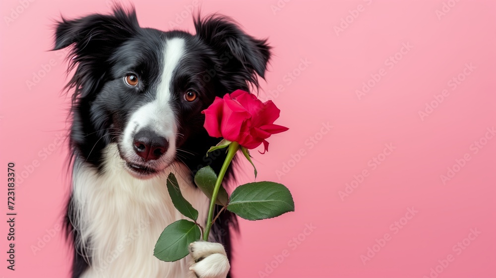 Fototapeta premium Cute Border collie dog holding a red rose flower in his mouth for Valentine's day, studio photo on pink background