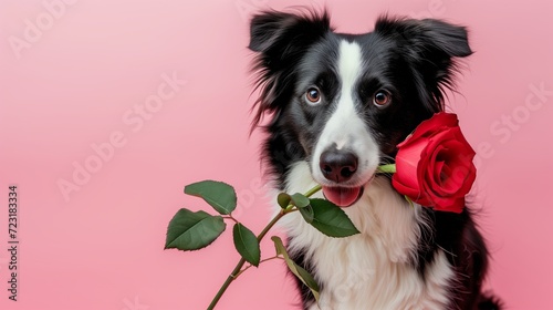 Cute Border collie dog holding a red rose flower in his mouth for Valentine's day, studio photo on pink background photo