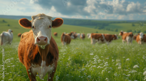 Cows herd on a grass field during the summer at sunset. A cow is looking at the camera sun rays are piercing behind her horns. Black and white cows in a grassy field on a bright and sunny day. 