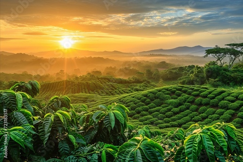 Coffee plantation fields at beautiful sunrise in morning