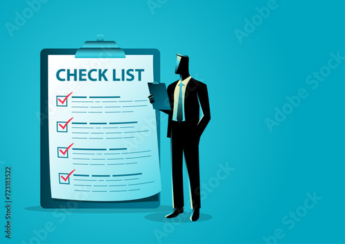 Businessman standing with check list icon, vector illustration, things to do