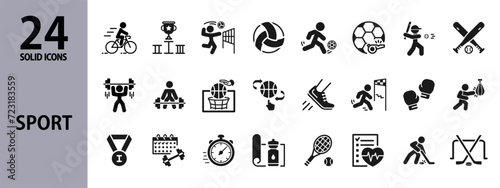 Sport icons set in solid style with Tennis, Football, Volleyball, Basketball, Bicycle, Boxing, Baseball, Hockey, Stopwatch, Medal, and more
