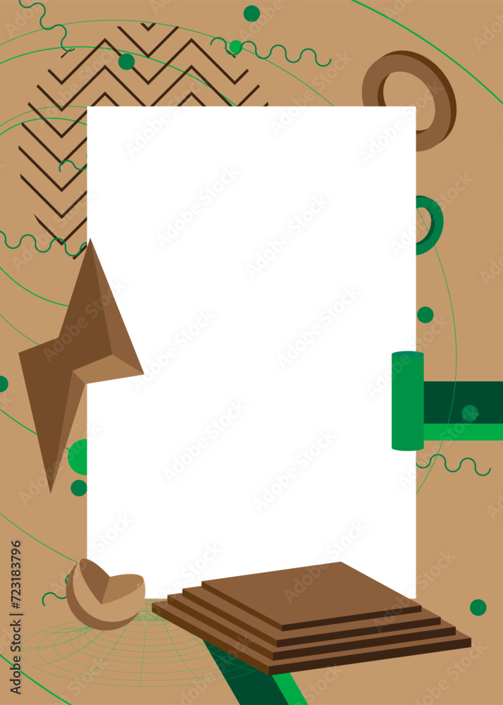 Green and brown geometrical graphic retro theme background with place for text. Minimal geometric elements frame. Vintage abstract shapes vector illustration for advertising.