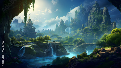 Adventure game background,, fantasy realm of nature, digital art illustration © Zafar