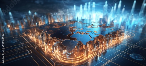 Modern futuristic Global electronics market with digital light map. AI generated image