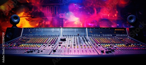 Sound audio mixer panel in recording studio scene. AI generated image photo