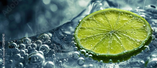 Fresh green lime slice fruit splashing in transparent water soda with bubbles drink background photo