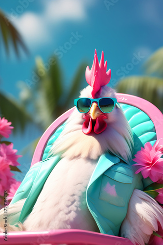 A funny rooster with turquoise feathers in a colorful shirt and glasses, on a bright crimson background. design for printing t-shirts, mugs, covers, etc.