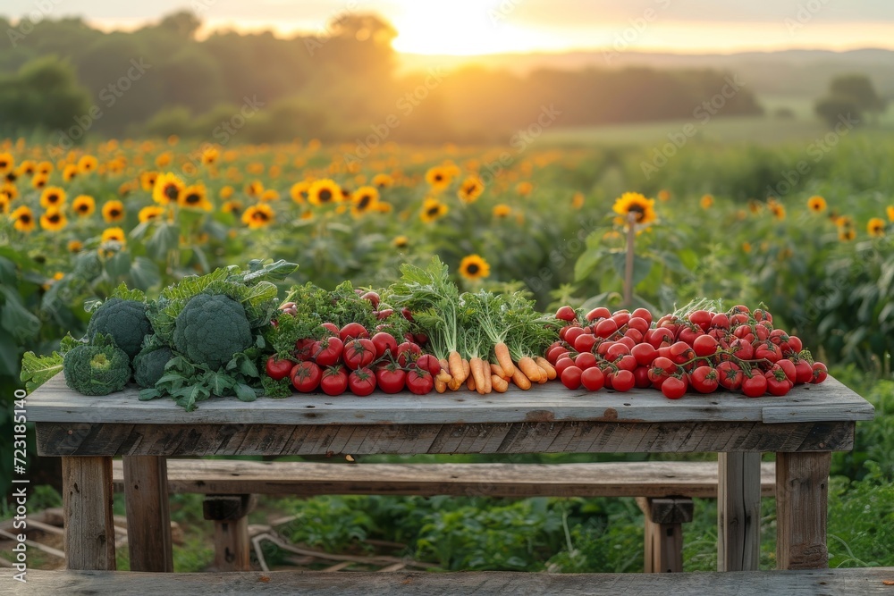 A rustic wooden table adorned with fresh, vibrant vegetables sits beneath a sunny sky in a lush garden, inviting one to sit and enjoy the natural beauty and flavors of nature's bounty A rustic wooden table adorned with fresh, vibrant vegetables sits beneath a sunny sky in a lush garden, inviting one to sit and enjoy the natural beauty and flavors of nature's bounty