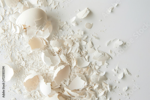 A chaotic arrangement of broken eggshell fragments, frozen in silent beauty on a white backdrop
