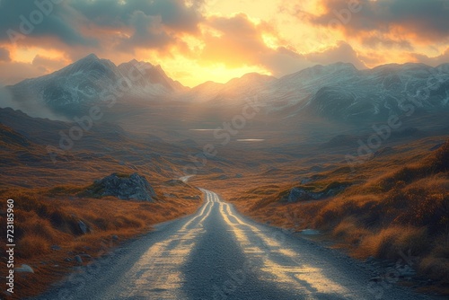 A winding road beckons, leading to majestic mountains as the sky transitions from a vibrant sunrise to a serene sunset over the vast landscape of nature