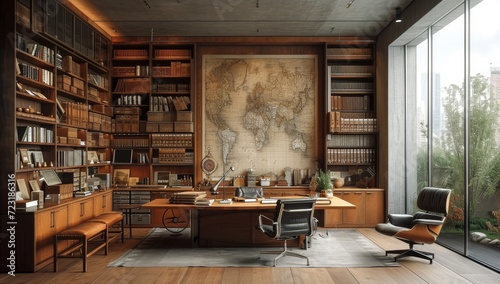 In a cozy den  a grand desk sits under a wall-sized map  surrounded by floor-to-ceiling bookshelves and a stylish coffee table  creating the perfect home office and library space