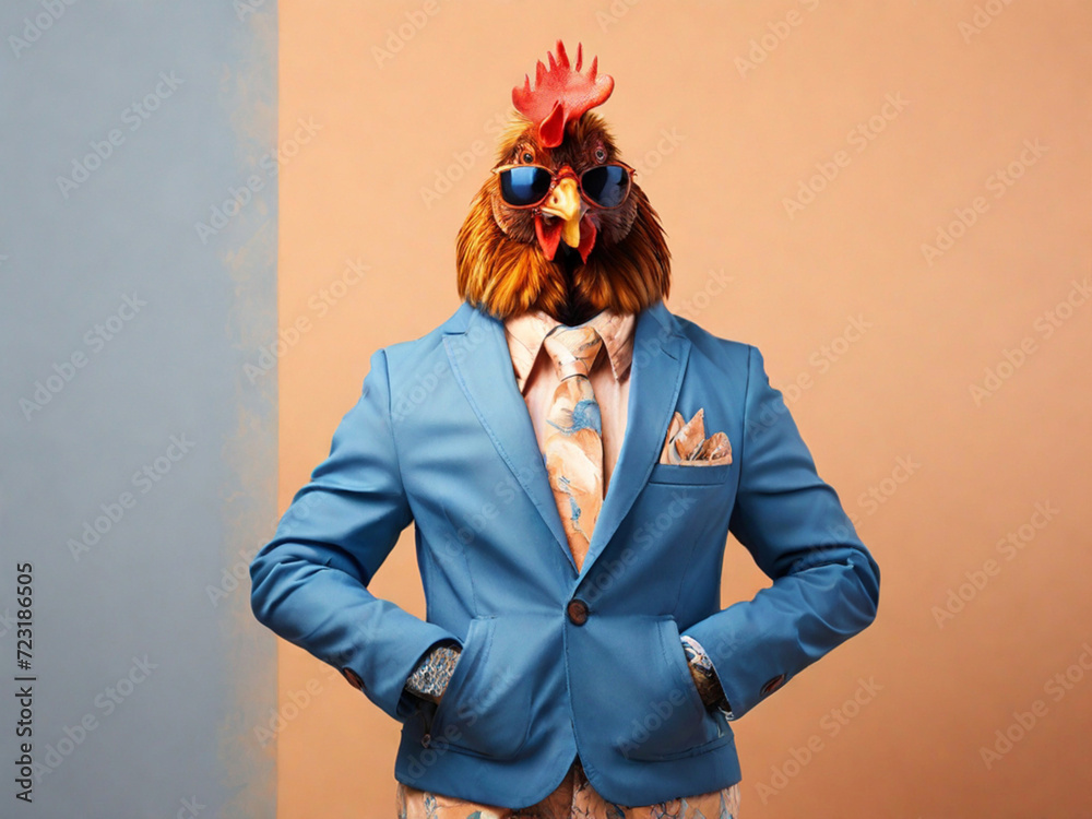 Business rooster, hen, in a blue business jacket, sunglasses
