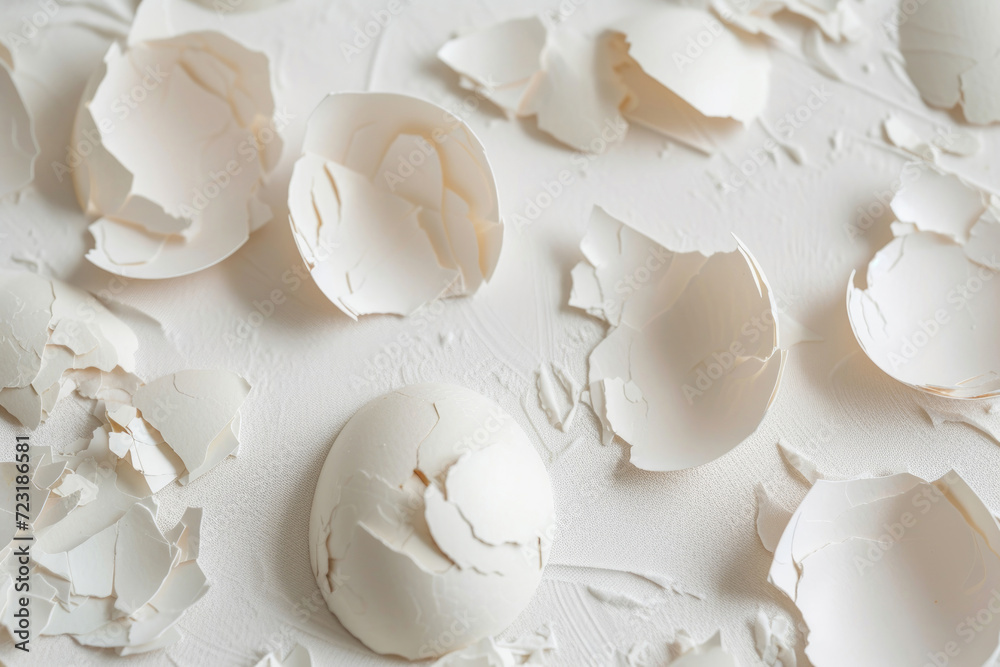 Isolated broken eggshell fragments on a white canvas whisper tales of vulnerability and resilience