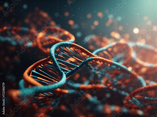 3D digital illustration of DNA under microscope on futuristic helix background