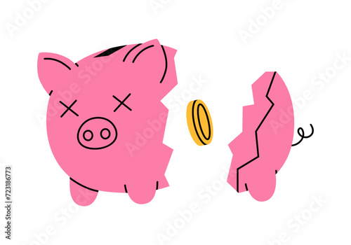 Hand drawn cute cartoon illustration of broken piggy bank with coin. Flat vector cracked moneybox for savings sticker in colored doodle style. Financial problem or bank credit icon. Isolated.