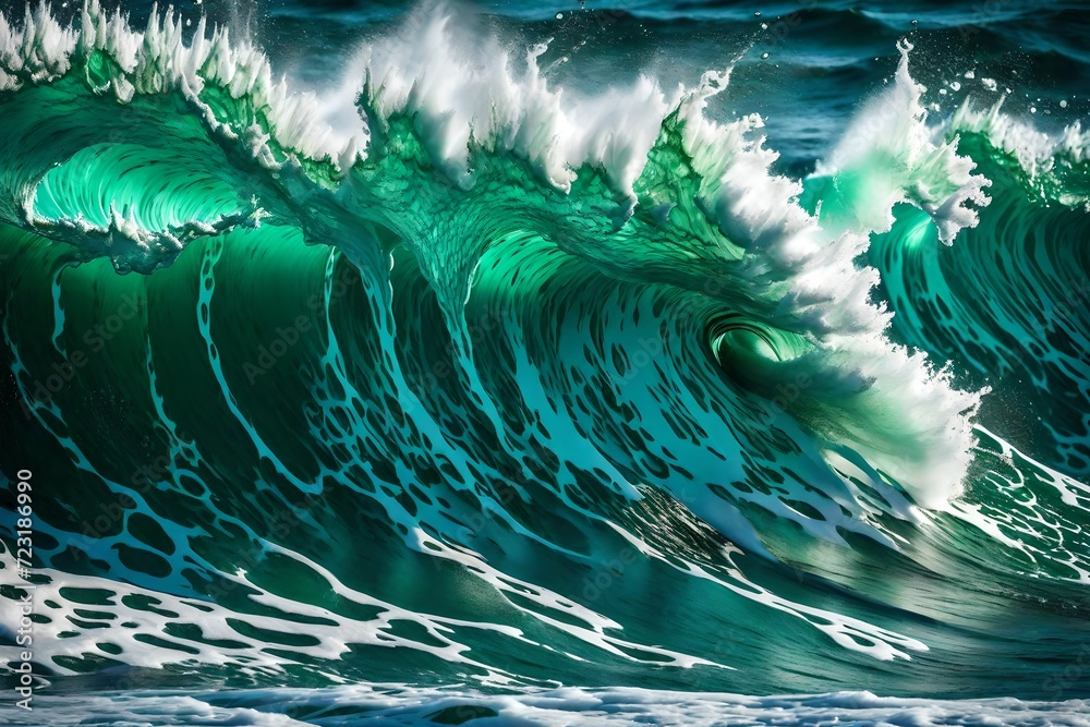 Exotic Wave An electrifying extreme close-up of emerald ocean waves in a furious ...