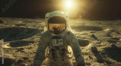 An astronaut stands on the moon's dusty surface, clad in a protective pressure suit, gazing out at the vast, barren expanse of the outdoor world before them photo