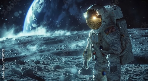 A lone astronaut, clad in a pressure suit, explores the desolate lunar landscape in this action-packed digital compositing for a thrilling pc game set in space photo