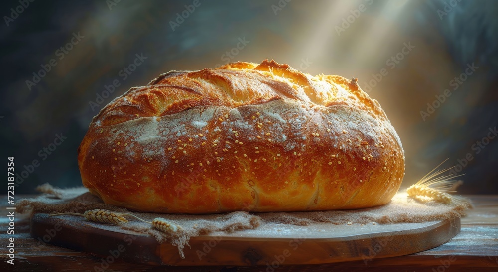 A rustic loaf of sourdough bread, with a golden crust and visible bakers yeast, sits atop a wooden surface, evoking feelings of warmth, comfort, and the delicious aroma of freshly baked goods A rustic loaf of sourdough bread, with a golden crust and visible bakers yeast, sits atop a wooden surface, evoking feelings of warmth, comfort, and the delicious aroma of freshly baked goods