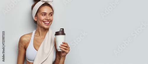 Portrait happy young woman in sportswear, white towel, holding healthy drink after gym. AI generated photo