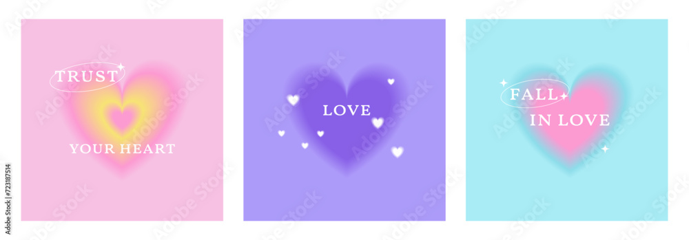Modern romantic design posters with hearts in aura gradient effect. Trust your heart, fall in love postcards for Valentine's Day, social media post, templates, trendy backgrounds in y2k style. Vector Modern romantic design posters with hearts in aura gradient effect. Trust your heart, fall in love postcards for Valentine's Day, social media post, templates, trendy backgrounds in y2k style. Vector
