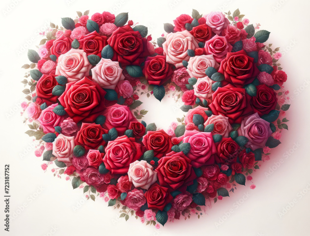 Floral Heart Wreath featuring an intricately designed heart-shaped wreath made of red and pink roses on white background. Love, Valentines day concept Floral Heart Wreath featuring an intricately designed heart-shaped wreath made of red and pink roses on white background. Love, Valentines day concept