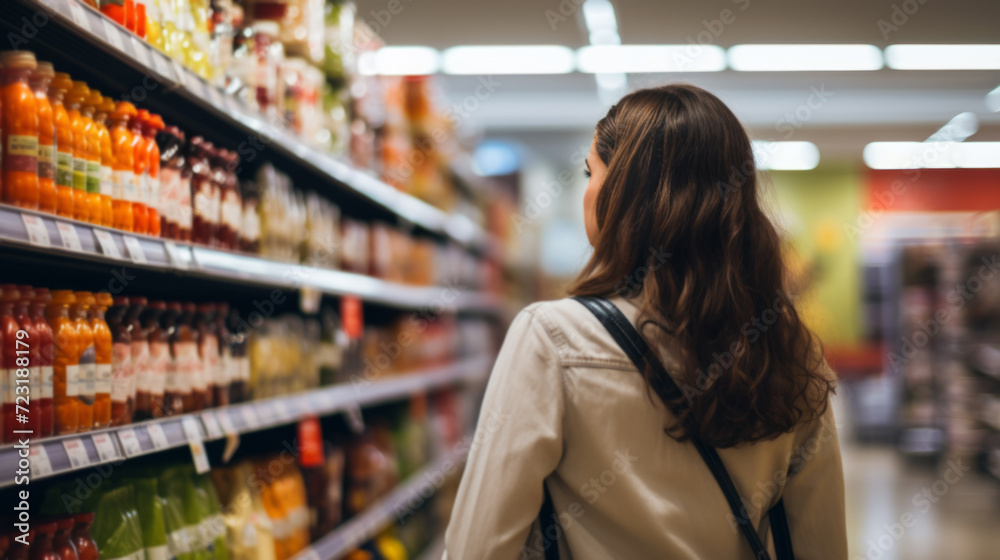 a photo of a young  woman shopping in supermarket and buying groceries and food products in the store