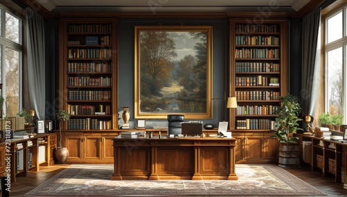Amidst the warm glow of the afternoon sun, a vintage desk stands proudly in the corner of a cozy library, surrounded by towering bookcases and intricate cabinetry, inviting you to get lost in the pag