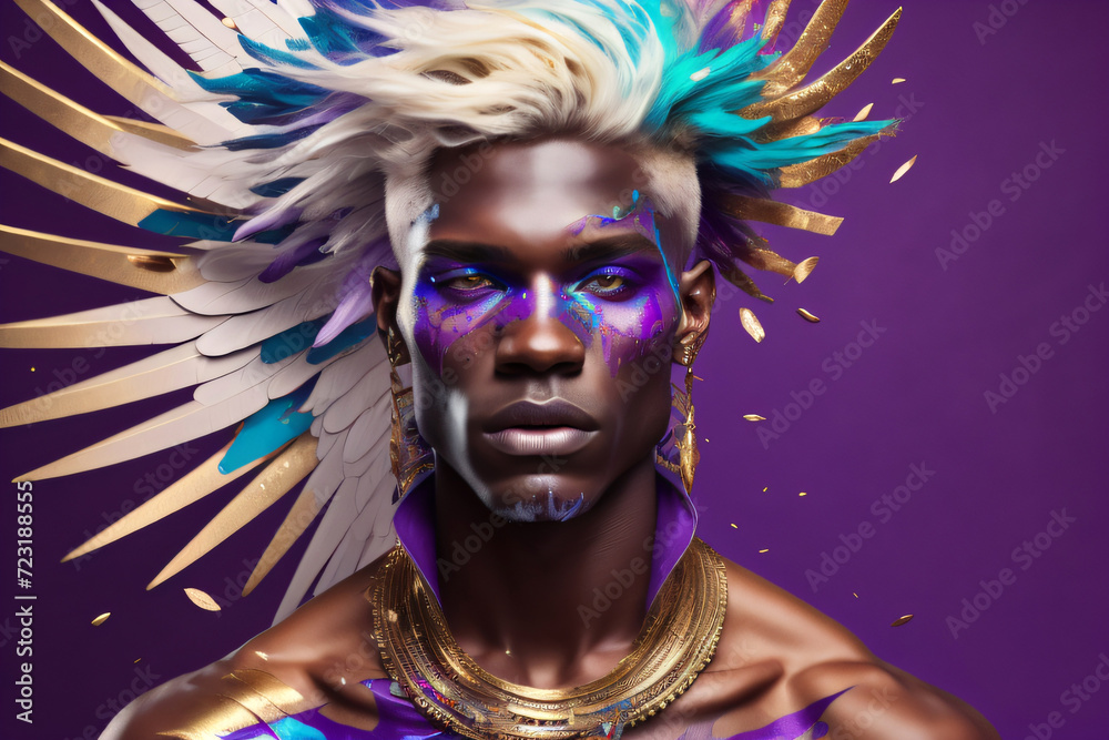 afrikanisches männliches Model mit blond blauen Haaren und weißen Federn im Hintergrund