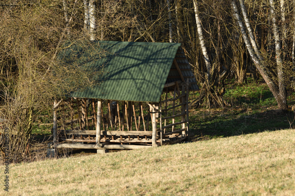 Feed rack for forest animals on the edge of the forest in winter