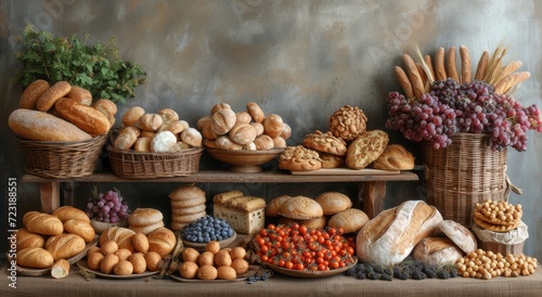 A vibrant still life of fresh, local produce including a variety of natural foods such as whole grain bread and superfood fruits, displayed on a shelf in a rustic storage basket, evoking the concept 