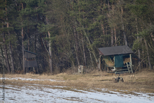 Obraz na płótnie Feed rack for forest animals on the edge of the forest in winter w salonie