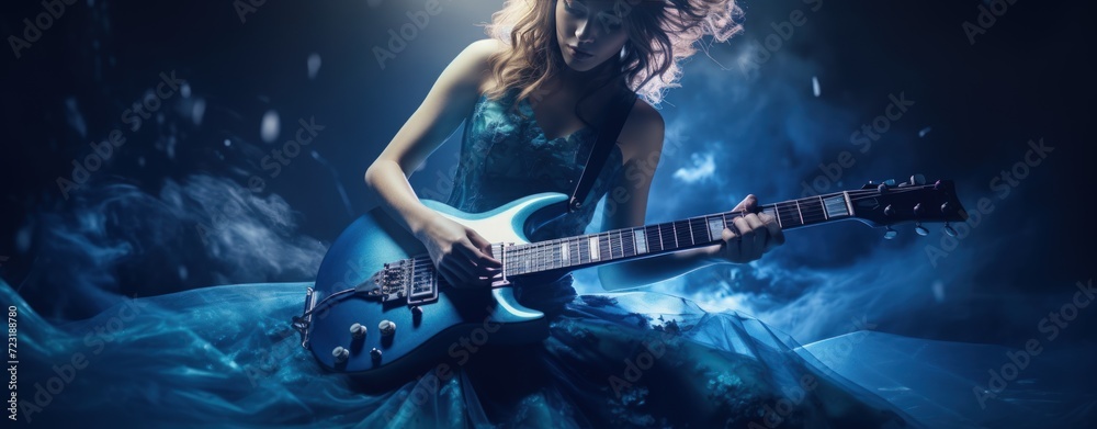 Amazing Rock guitarist with enthusiastic playing guitar on stage with smoke effect. AI generated