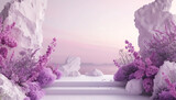 a white stone background with purple flowers surround