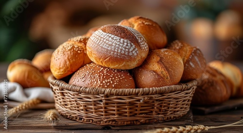 A rustic wicker basket holds a bounty of freshly baked bread, evoking feelings of comfort and warmth as a staple food on a welcoming table © Larisa AI