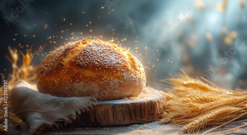 A rustic loaf of bread sits on a wooden table, freshly baked and full of gluten, tempting the senses with its warm, homemade aroma