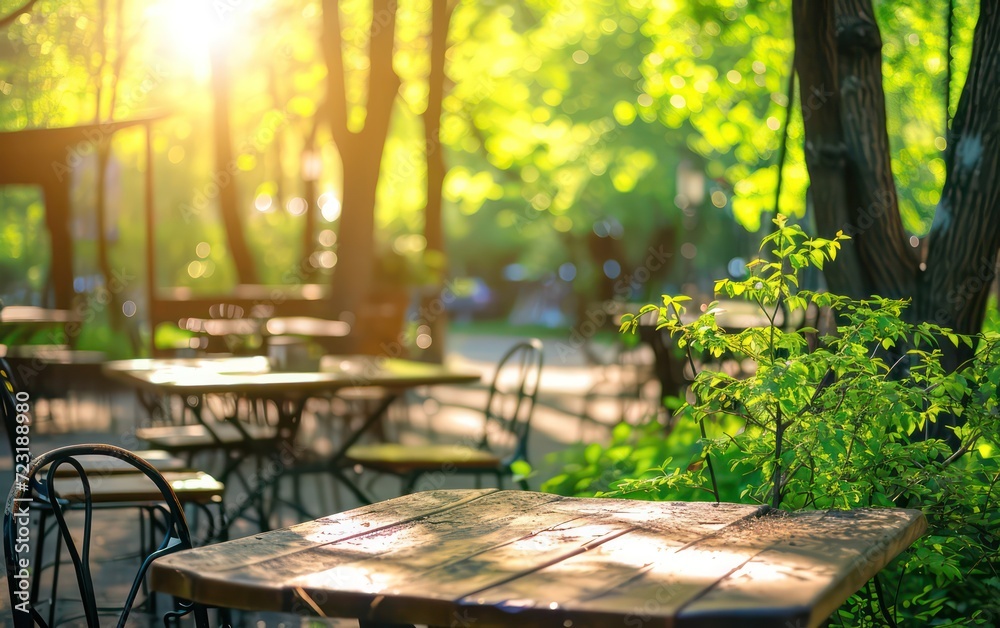 Outdoor cafe in forest spring beautiful bokeh light and shadows