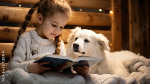 An endearing shot of a child reading a book to a attentive puppy.
