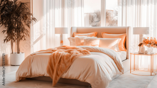 A warm bedroom interior with a bed dressed in soft peach fuzz color bedding and big window. Modern trendy tone hue shade