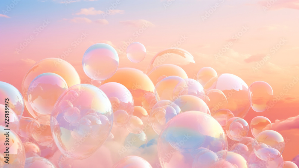 Cluster of iridescent soap bubbles floating against a pastel sunset sky ...