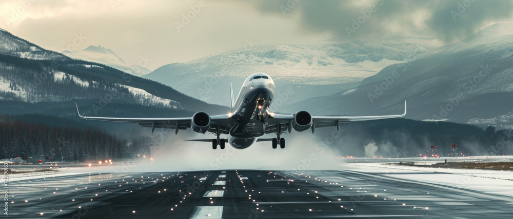 Airplane taking off from a snowy runway, with dynamic motion and a backdrop of majestic mountains - obrazy, fototapety, plakaty 