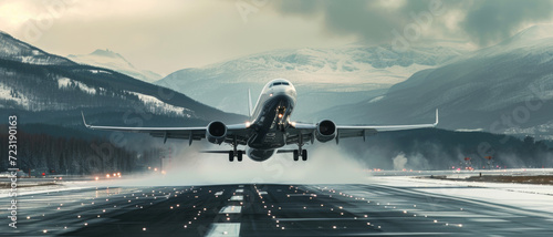 Airplane taking off from a snowy runway, with dynamic motion and a backdrop of majestic mountains