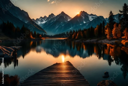 Peaceful sunset on lake with mountains in distance