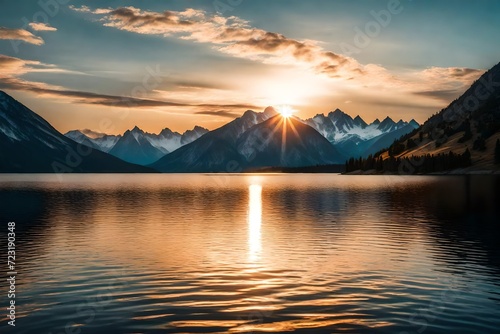 Peaceful sunset on lake with mountains in distance