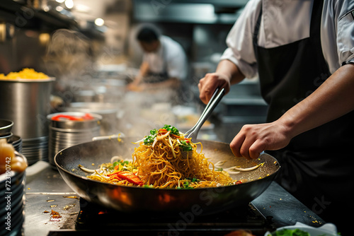 Asian chef prepares food in the restaurant kitchen