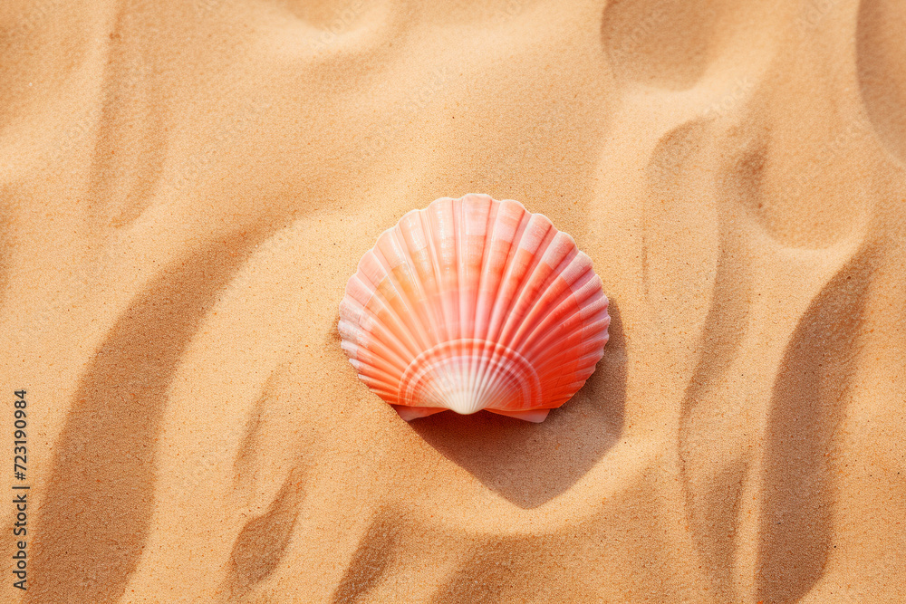 A single pink color seashell on smooth golden sand in bright sun light flat lay. Summer sea life vocation holidays concept A single pink color seashell on smooth golden sand in bright sun light flat lay. Summer sea life vocation holidays concept