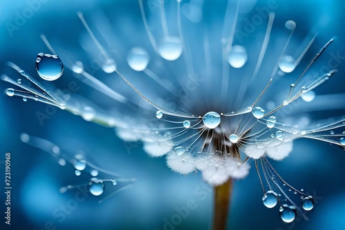 Beautiful dew drops on a dandelion seed macro. Beautiful soft blue background. Water drops on a parachutes dandelion. Copy space. soft focus on water droplets. circular shape, abstract background